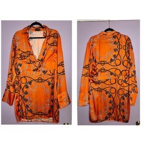 Prettylittlething Orange Printed Satin Long Sleeve Dress, size XL, Used